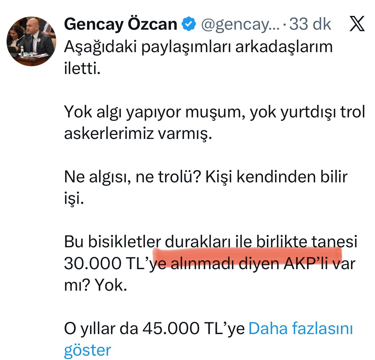 Bence büyük gelişme.

Sabahleyin “1 bisiklet 30.000 TL’ye alındı” diyen arkadaş,
Akşamleyin “DURAKLARI İLE BİRLİKTE” ifadesini kullanmış.

Umarım yarına kadar “tüm gerçekliği” görüp kabul eder.

Etmezse yarın zaten tek tek anlatacağım.

Kararı İSTANBULLULAR verecek