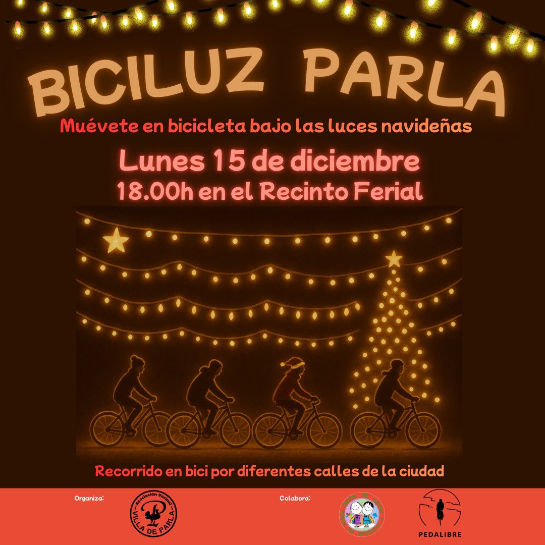 ¡Y nuestros compis fuera de Madrid harán la 1a edición del Biciluz de Parla! El lunes 15 de diciembre, a las 18:00h, salimos del Recinto Ferial de Parla para ver las luces en bicicleta. ¡Trae a toda la familia! Habrá seguimiento mediante la app 'Critical Maps'