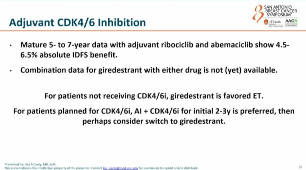 MVanMeterMD's tweet photo. Discussion by @DrLisaCarey lidERA data
*First positive data for adjuvant SERD; other studies ongoing
*No data yet in patients treated with full course of adjuvant CDK4/6i
*Cost of giredestrant could be substantial - perhaps >$20,000 per month.
#SABCS25 https://t.co/PepZeRl7sp