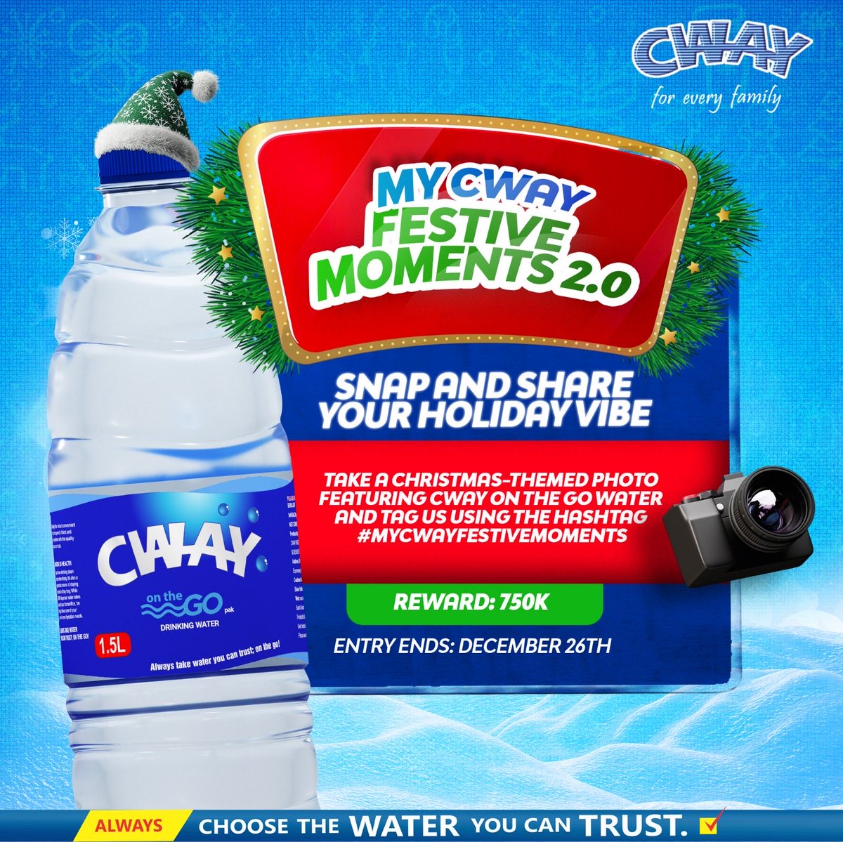 🎄✨ My CWAY Festive Moments is back!

Snap a Christmas-themed photo with your CWAY On The Go, post it, tag #MyCWAYFestiveMoments and you could win ₦50,000! We are picking 15 winners, so your chance is BIG! 📸💙

Entry closes Dec 26th,  show us your holiday vibe!

T&amp;C apply