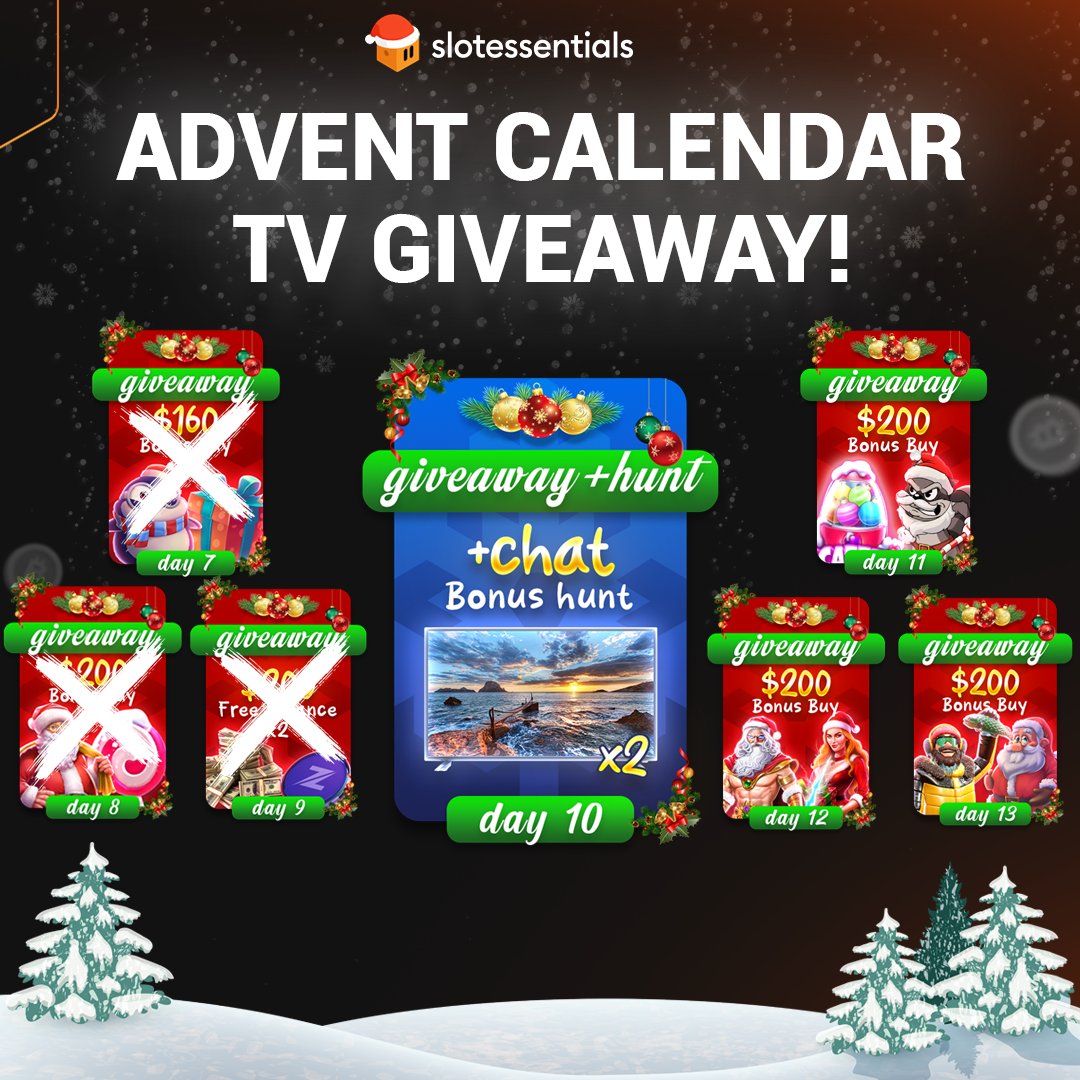 🎁The Advent Calendar excitement continues! Today we’re giving out two TVs to two lucky winners, live on stream!

And we are feeling the holiday spirit, so let’s run a $100 giveaway here!
-2 Winners $50 each
-Like / RT / Be signed up with Slotessentials.