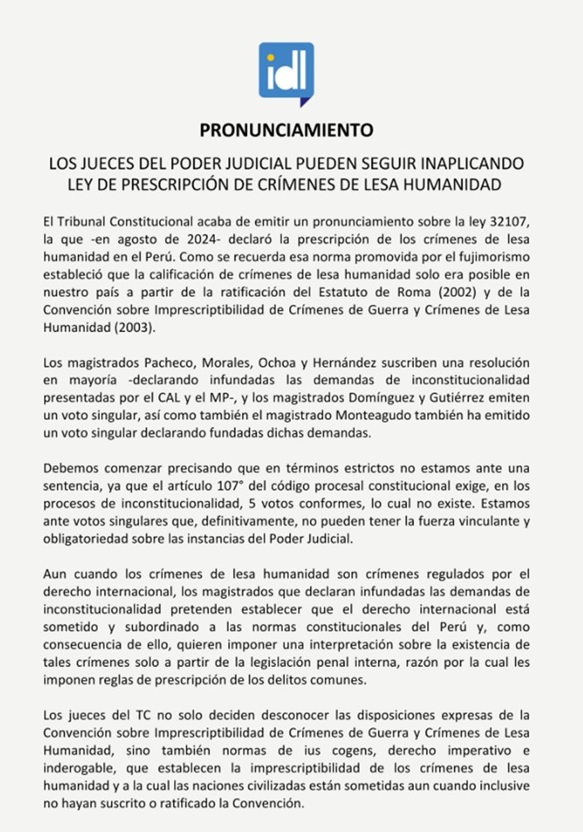 IDL_Rivera's tweet image. Los jueces del @Poder_Judicial_ pueden seguir inaplicando ley 32107 de prescripción de crímines de lesa humanidad, por control difuso y en resguardo de principios fundamentales de Dº Int.
El pronunciamiento de cuatro jueces del @TC_Peru no constituye propiamente una sentencia.