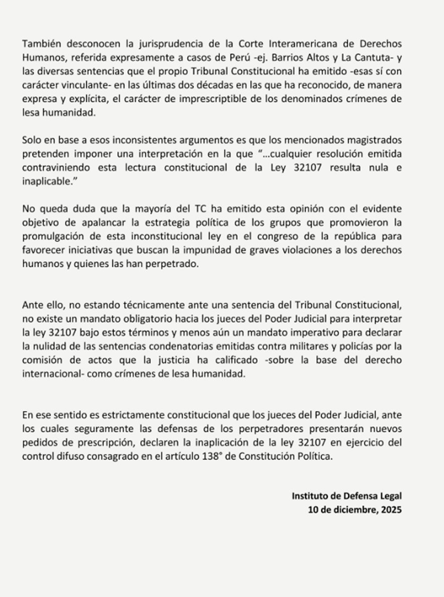 IDL_Rivera's tweet image. Los jueces del @Poder_Judicial_ pueden seguir inaplicando ley 32107 de prescripción de crímines de lesa humanidad, por control difuso y en resguardo de principios fundamentales de Dº Int.
El pronunciamiento de cuatro jueces del @TC_Peru no constituye propiamente una sentencia.
