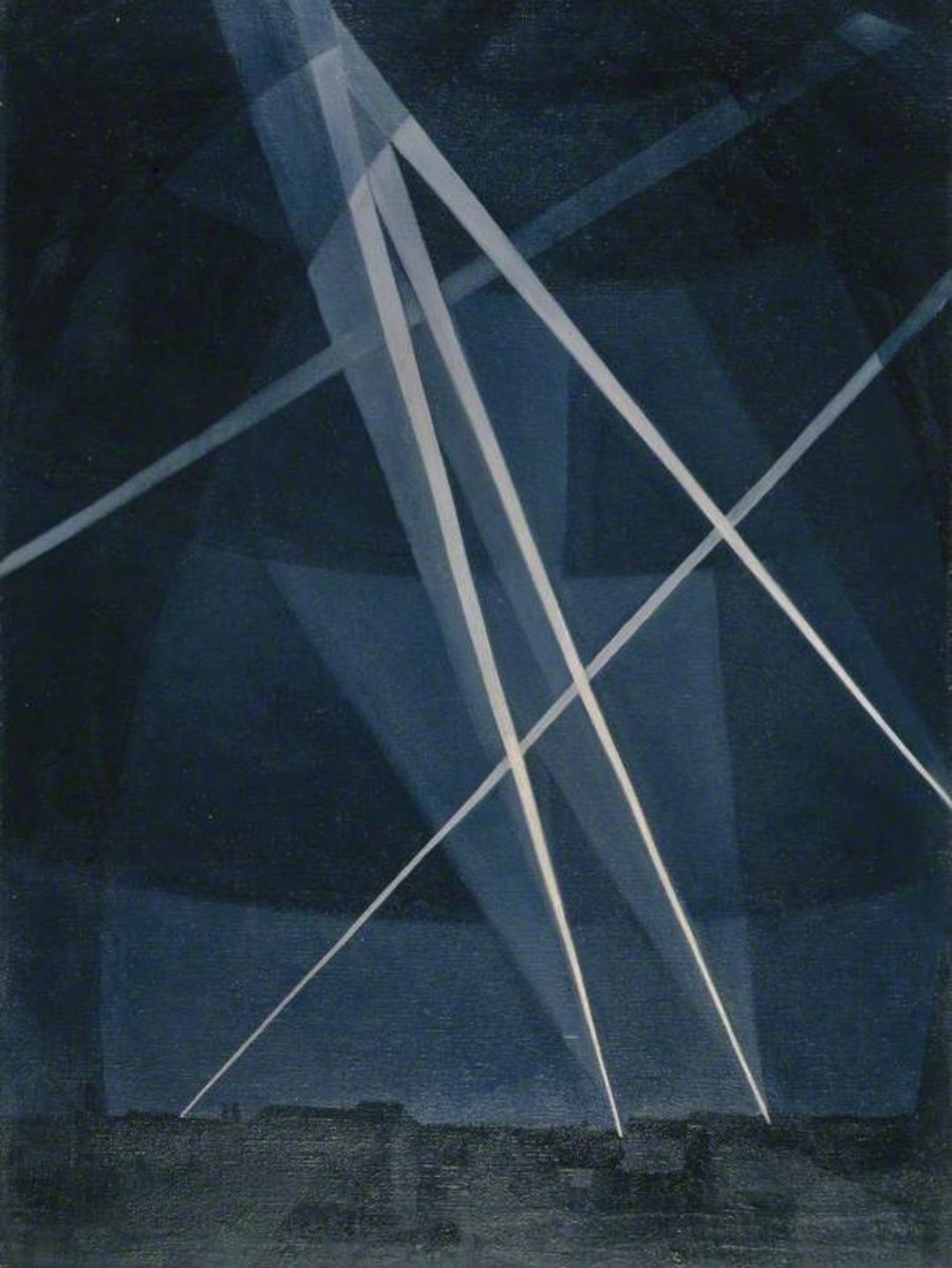 'Searchlights.' (1916) Christopher Nevinson's picture depicts a searchlight battery in the Euston area of London during a WW1 air-raid. This is one of a group of pictures Nevinson painted of searchlights, a subject which appealed to his celebration of the modern.