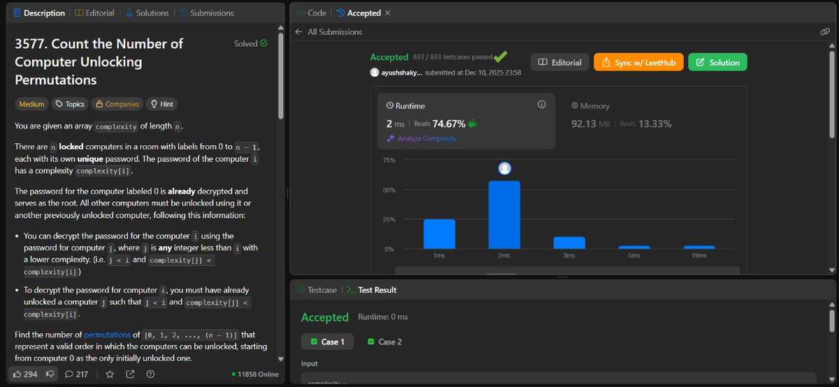 shamkyLearns's tweet image. Day 86 ✅

🔹Solved #LeetCode daily: 
3577. Count the Number of Computer Unlocking....
🔹Solved 3 questions on #codechef contest.

Brick by brick 🧱 
#DSA #Contest