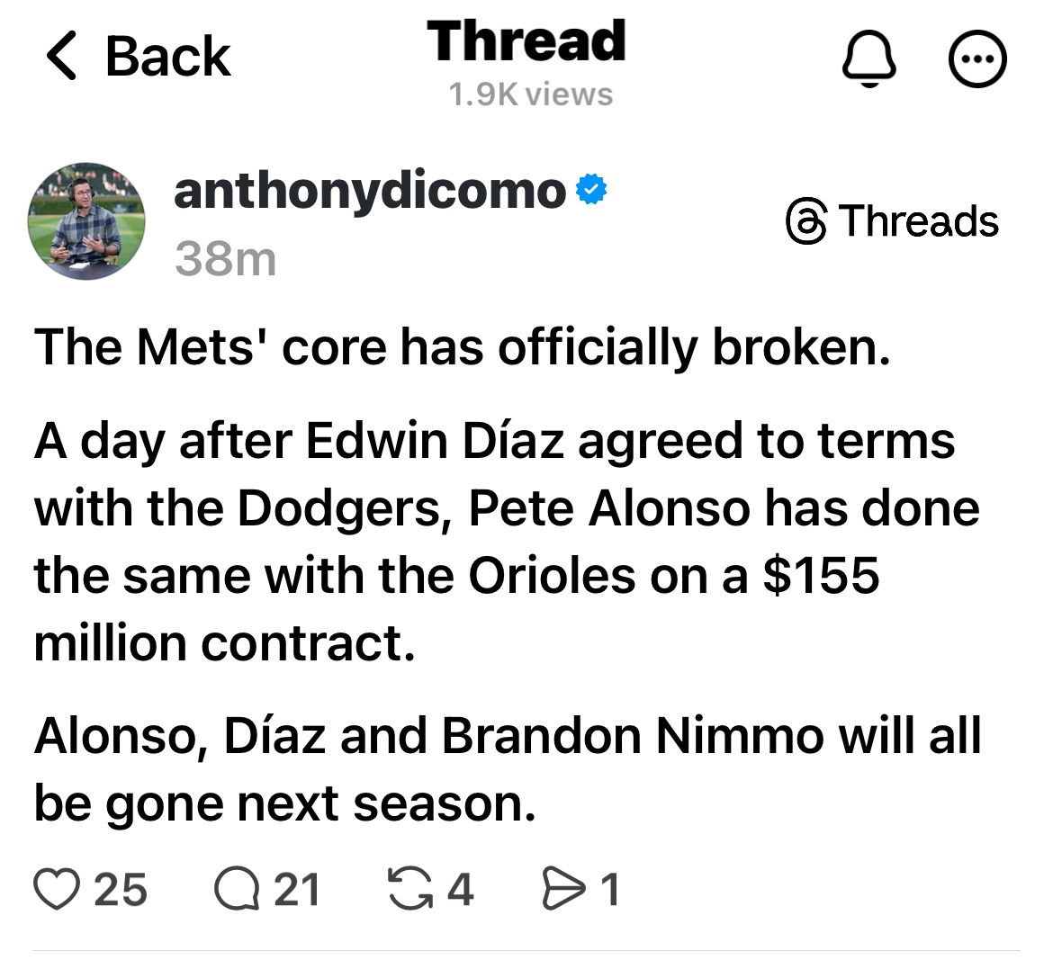 A rare message from the Goof:  

David Stearns is a disaster. And <a href="/StevenACohen2/">Steven Cohen</a> cares more about a new casino than the @mets.