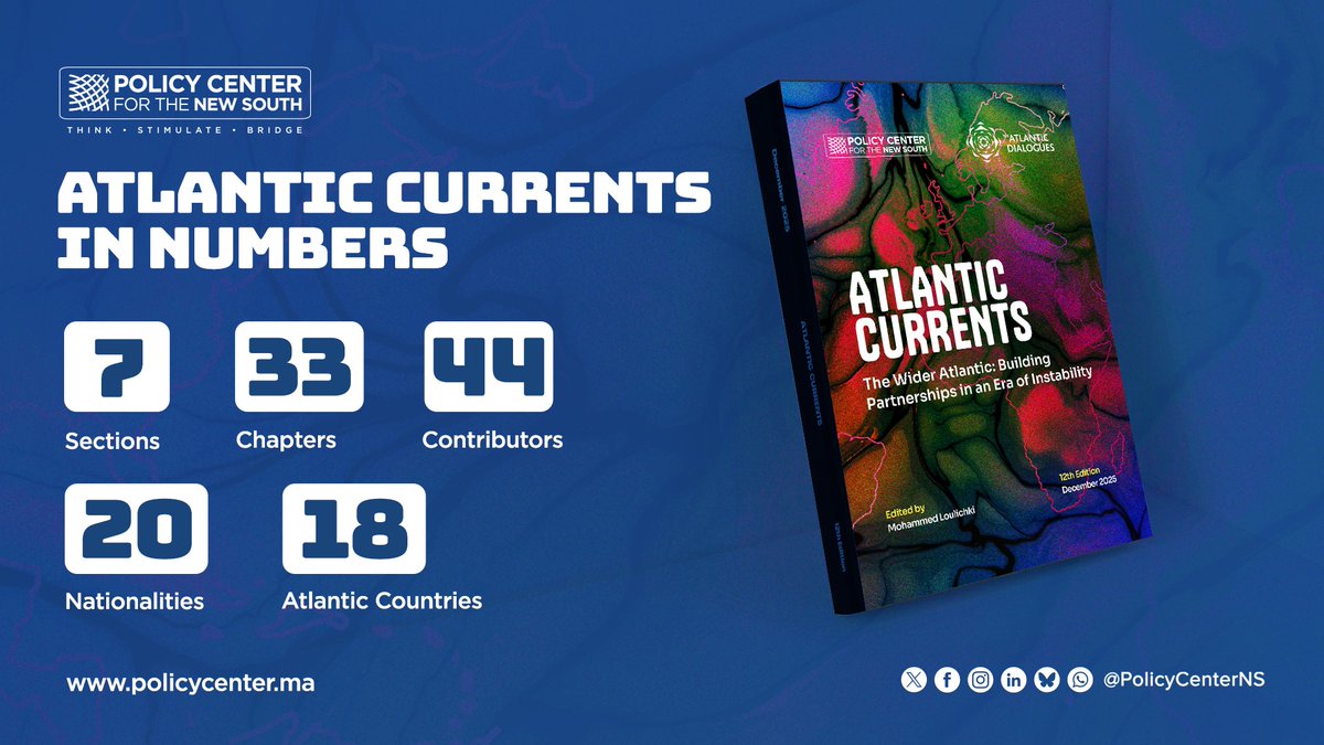 PolicyCenterNS's tweet photo. 📢 Launching tomorrow at #AD2025: the 12th edition of #AtlanticCurrents!

📖 This year’s report features 7 sections, 33 chapters, and 44 contributions, representing 20 nationalities across 18 Atlantic countries, offering a comprehensive view of the region’s evolving landscape. https://t.co/CBqXJcqIod