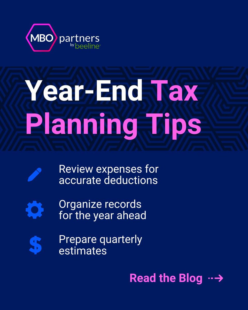 Year-end is the best time to organize records and plan for tax season. 
Explore key strategies for independent professionals in our latest blog: mbopartners.com/blog/contracts…
#IndependentProfessionals #TaxPlanning #MBO