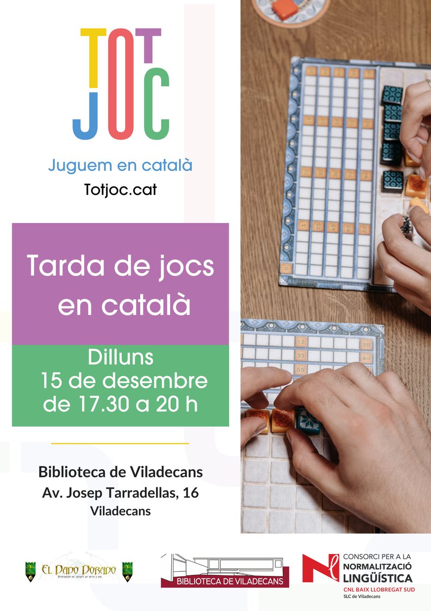 ¡El próximo lunes 15 de diciembre podréis encontrarnos en la Biblioteca de Viladecans dinamizando una ludoteca dedicada a juegos en los que la lengua catalana está presente! Os enseñaremos a jugar a aquellos que no conozcáis ¡Os esperamos!
