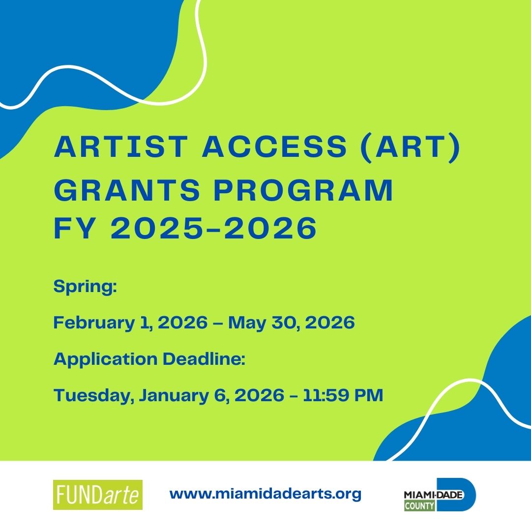 FY 25-26 Artist Access (ART) Grants Program Spring application is now available. Deadline to apply is on Tues, 1/6/26 at 11:59 PM. Receive up to $2,000 in professional development funding support for artists of all disciplines.

Learn More: miamidadearts.org/artist-access-…

<a href="/FUNDarteus/">FUNDarte</a>
