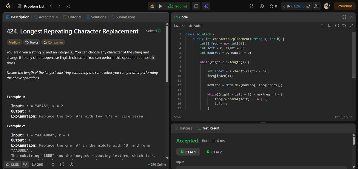 khushiepal's tweet image. Finished Longest Substring Without Replacement today. 

#LeetCode #DSA #100DaysOfCode