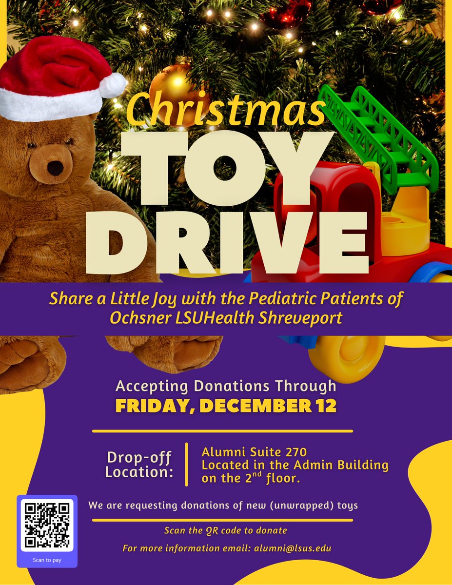 The LSUS Alumni Association is collecting new, unwrapped toys through Friday, December 12. Your generosity can brighten a child's hospital stay this season.
Drop off donations: Alumni Suite 270, Admin Building, 2nd floor

 Donate online: buy.stripe.com/7sY00i5Mb7yf4P…