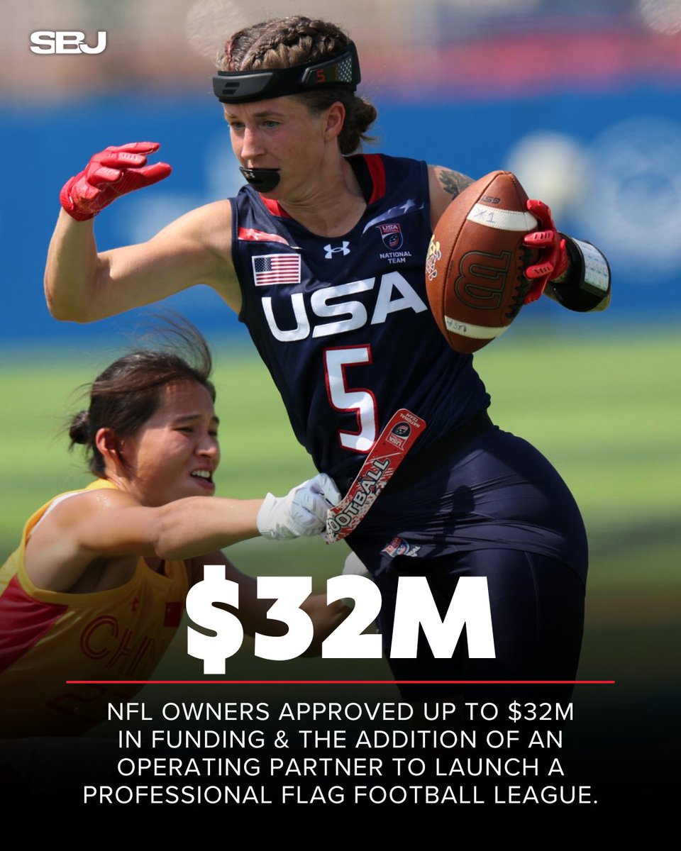 SBJ's tweet photo. NFL owners approved up to $32M and an operating partner to launch a pro flag football league 🏈

Negotiations are ongoing, with TMRW Sports and a group led by Curtis Martin as finalists.

Read more: https://t.co/0PeD75JRjO https://t.co/f70ZVlYm9Q