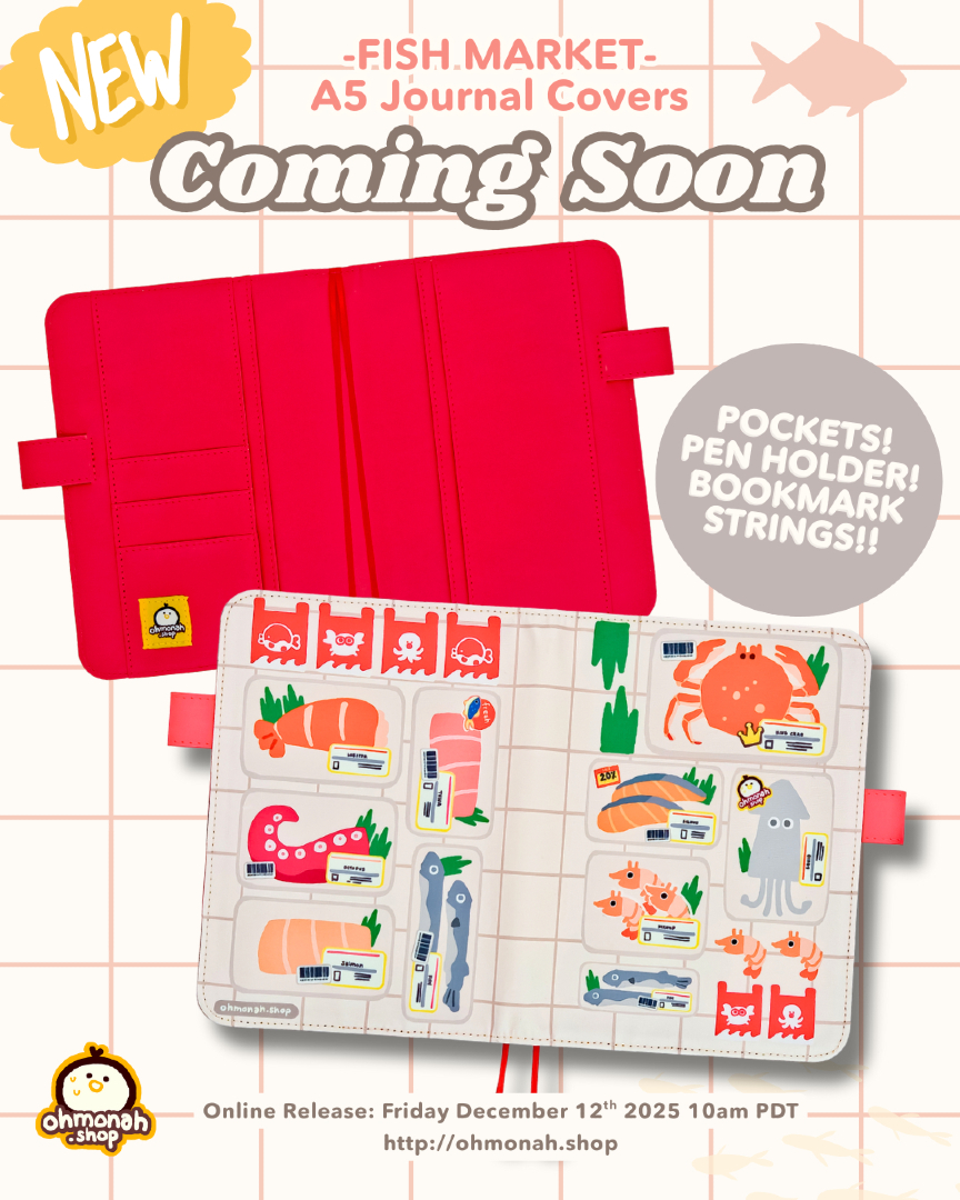 📖 🦀🍣🦑

our upcoming notebook covers sport two ribbon bookmarks, two pen holders, and a PU leather interior with pouches to keep all the paper goodies!

available this Friday, 12/12 at 10am pt!!