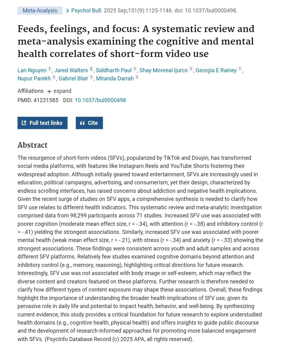 docakx's tweet image. Increased Short Form Video(SFV) use was associated with poorer cognition with attention and inhibitory control yielding the strongest associations. 

Similarly, increased SFV use was associated with poorer mental health with stress and anxiety showing the strongest associations.