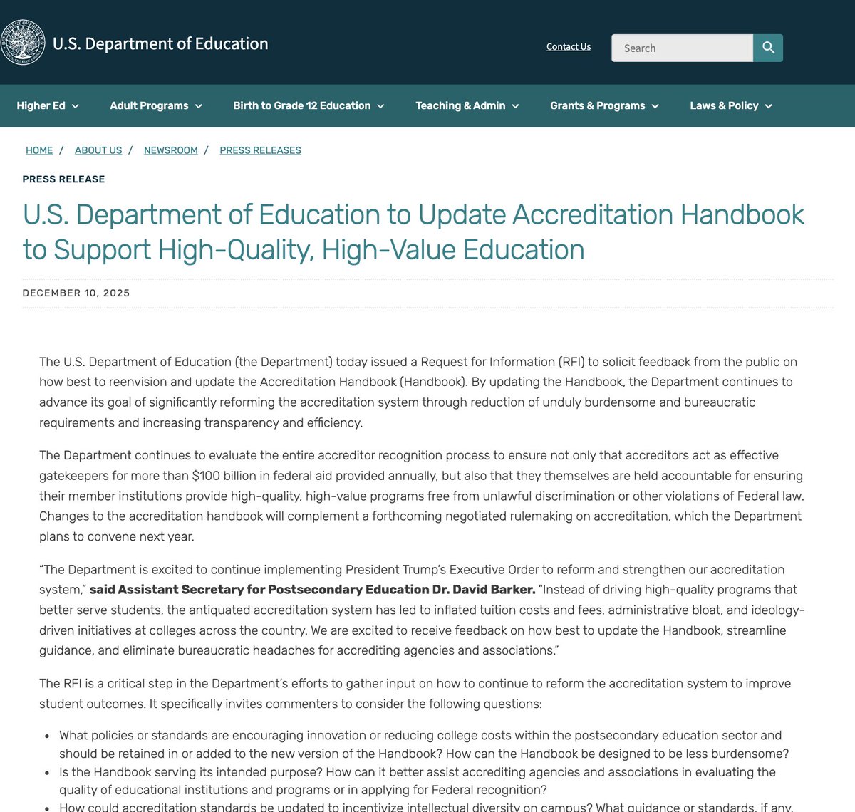 JennyGRankin's tweet photo. JUST IN: Today the US Dept. of Education issued an RFI for feedback on how to improve its #HigherEd Accreditation Handbook. It will officially be published 12/11/25 but is already available here in the meantime: https://t.co/bzpyOv32IN #ProfChat #TellEWA #EdChat #AcademicChatter https://t.co/qYpY7z3d1Y