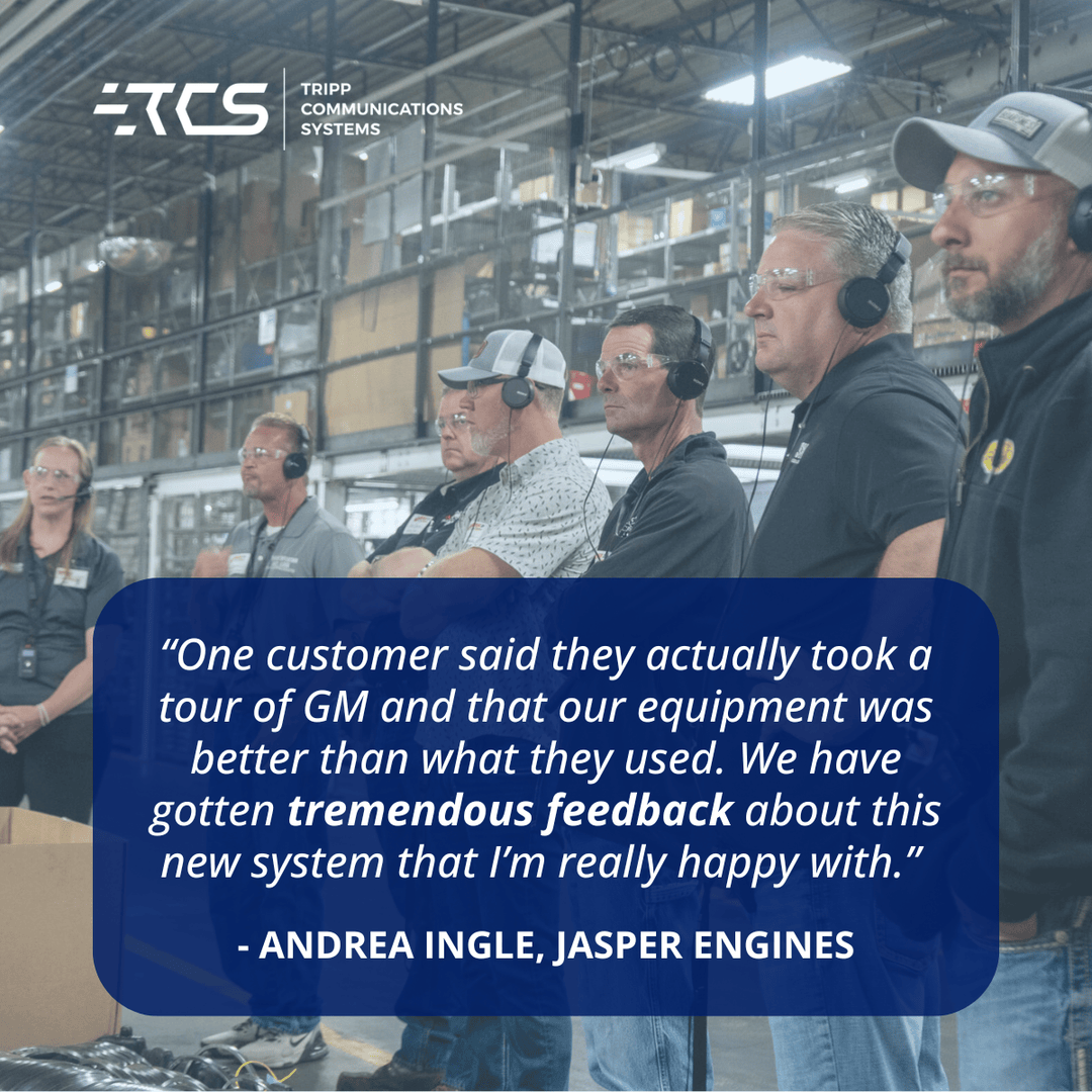 Trippcomm's tweet photo. Jasper Engines upgraded their tour communication system with TCS, replacing outdated headsets that struggled in their loud manufacturing environment. 

Andrea Ingle says the new setup offers clear audio, all-day battery life, and durability—earning praise from guests and clients. https://t.co/aZkccCOuWe