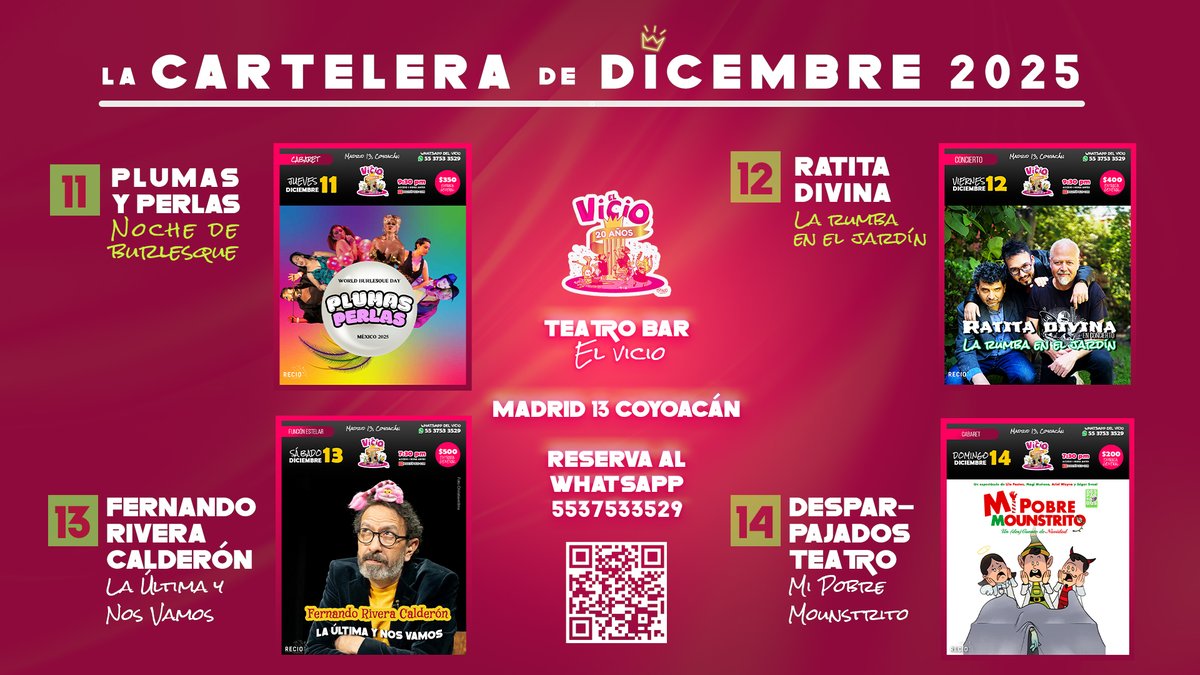 Está semana tenemos una programación de alto impacto 💅
JUE 11 Noche de burlesque 
VIE 12 Ratita Divina en Concierto
SÁB 13 Fernando Rivera Calderón
DOM 14 Desparpajados Teatro Mi Pobre Mounstrito 
Boletos: elvicio.boletopolis.com
Reservaciones: wa.me/525537533529