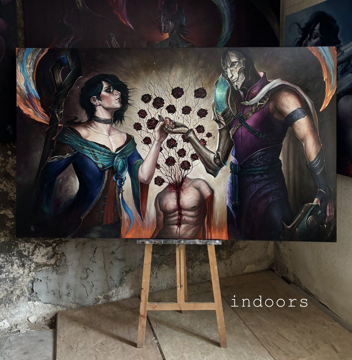 Finally took a photo of one of my oils <3

Floriography (200 x 120 cm, oil on linen) 🪷💀

#hwei #jhin
#LeagueOfLegends