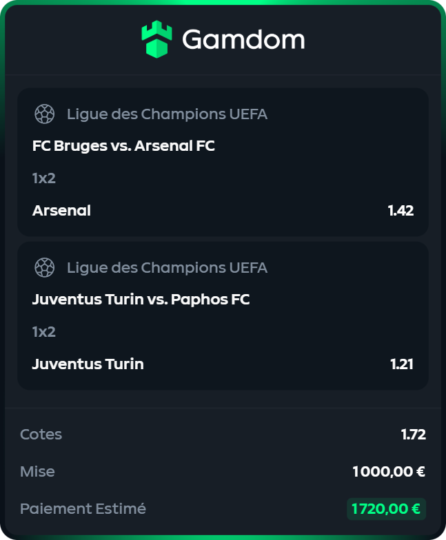 SOIRÉE #LDC ⚽️

🎯 Arsenal + Juventus @ 1.72
💰 1000€ ➡️ 1720€

BONNE CHANCE 🍀

#TeamParieur
