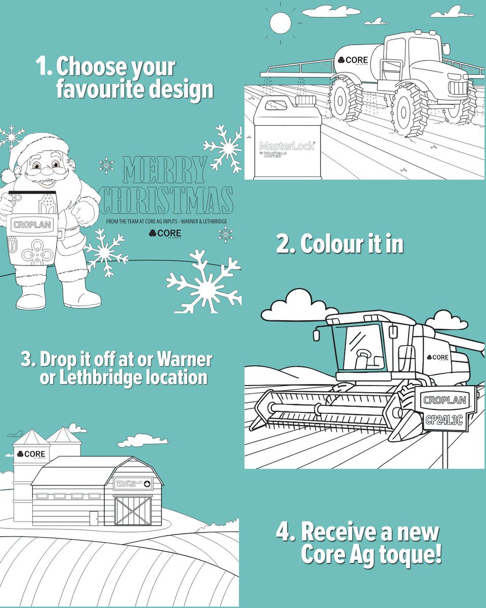 coreag_warner's tweet photo. We've got a fun contest for the kids! 🎨❄️

Stop by our Warner or Lethbridge location to pickup, or print off one of our holiday colouring pages at home. Once your masterpiece is complete, bring it back to us and receive a free Core Ag toque.

The contest runs until January 15. https://t.co/oJD5DM3dSc