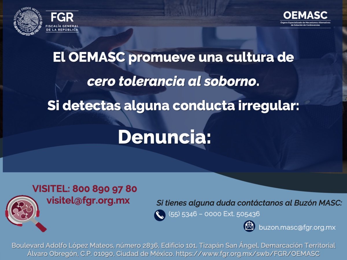 El OEMASC implementa una Política Antisoborno, conócela en: fgr.org.mx/swb/FGR/OEMASC
 
¿Sabías que el OEMASC promueve una cultura de CERO TOLERANCIA AL SOBORNO? #MASC. #Infórmate y ejerce tu derecho.