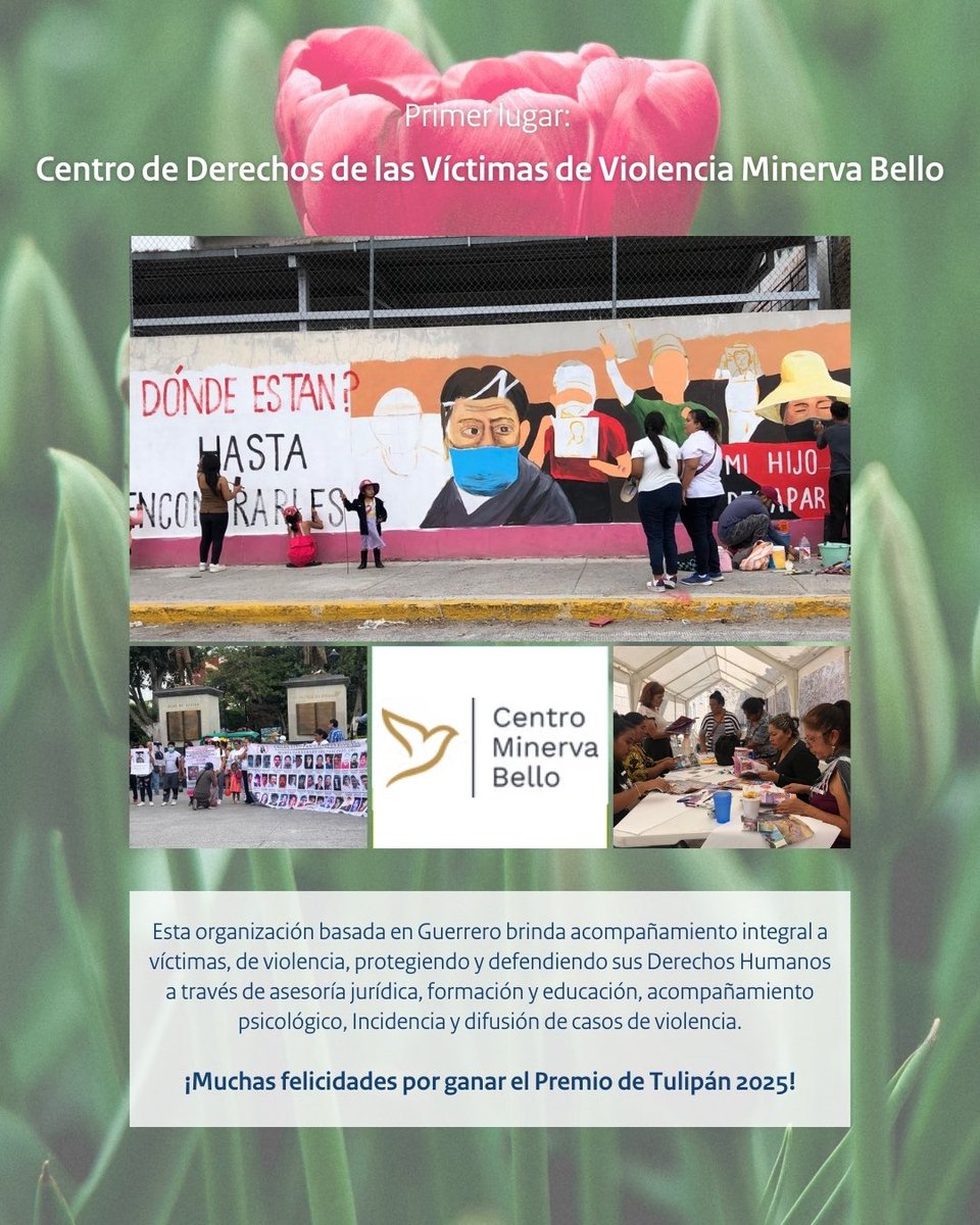 🌷🏆 1er lugar: <a href="/CDHMinervaBello/">CDH Minerva Bello</a>

Esta ONG se dedica a la defensa de los #DDHH en Guerrero.

Dan acompañamiento integral a las víctimas, protegiendo y defendiendo sus derechos.

Es un gran gusto para realizar esta aportación que les permitirá seguir llevando a cabo su labor.

2/4