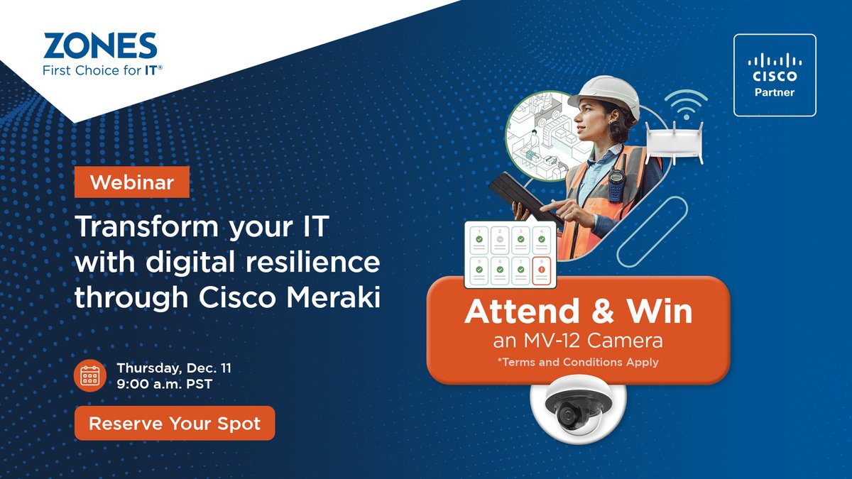 Zones's tweet photo. Last chance to see how resilience can enhance your business! Join our Cisco Meraki webinar to learn how to adapt to IT pressures.  📅Dec 11, 2025 🕛9:00 AM PT 🎁Win a Meraki MV-12 camera! Reserve your free spot: https://t.co/gYKufLUfPN https://t.co/yySu50bNDY