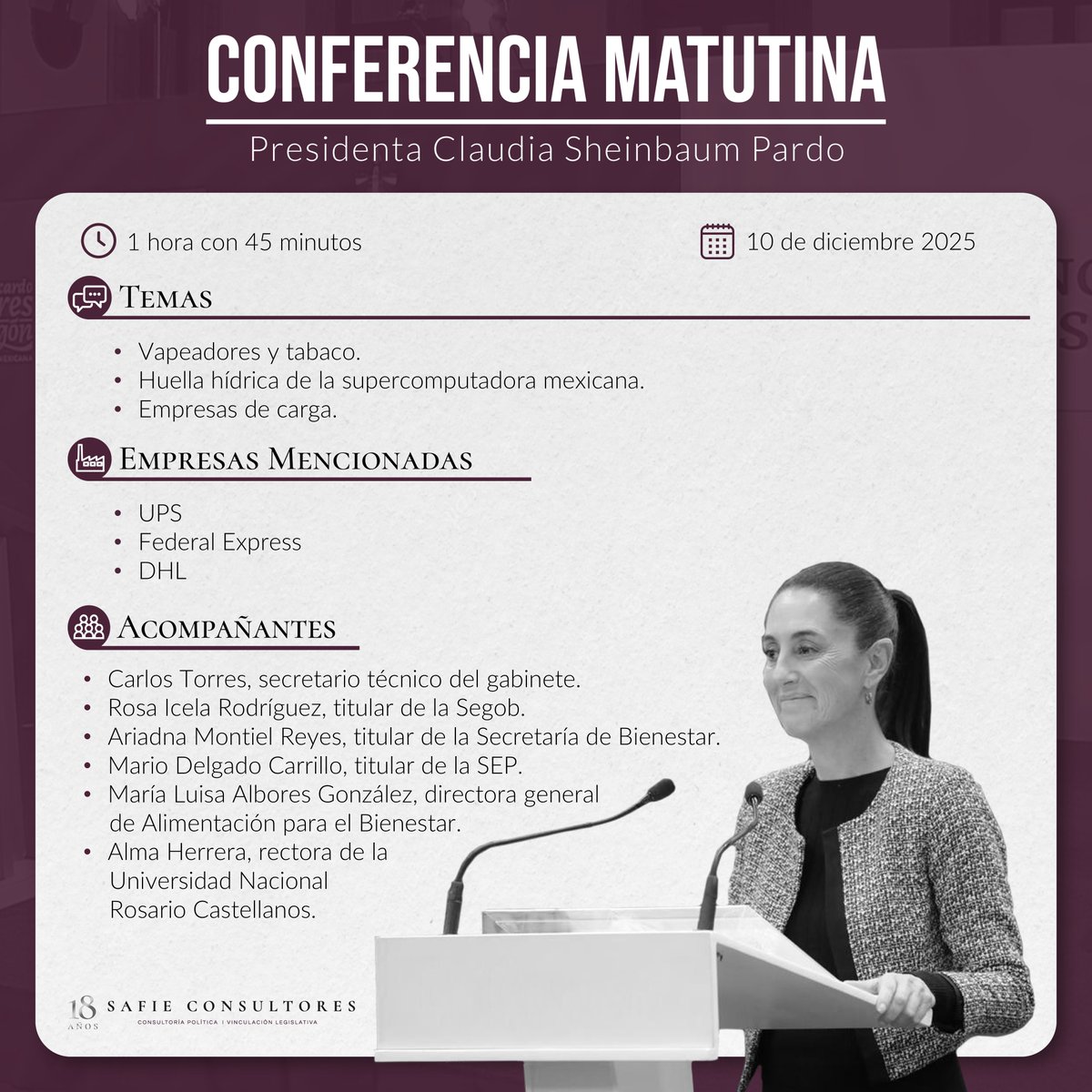 📰 #SafieConsultores te presenta los #highlights de la conferencia matutina de hoy. Conoce las empresas mencionadas y los funcionarios que acompañaron a la presidenta. #ConferenciaPresidenta #GobiernodeMexico