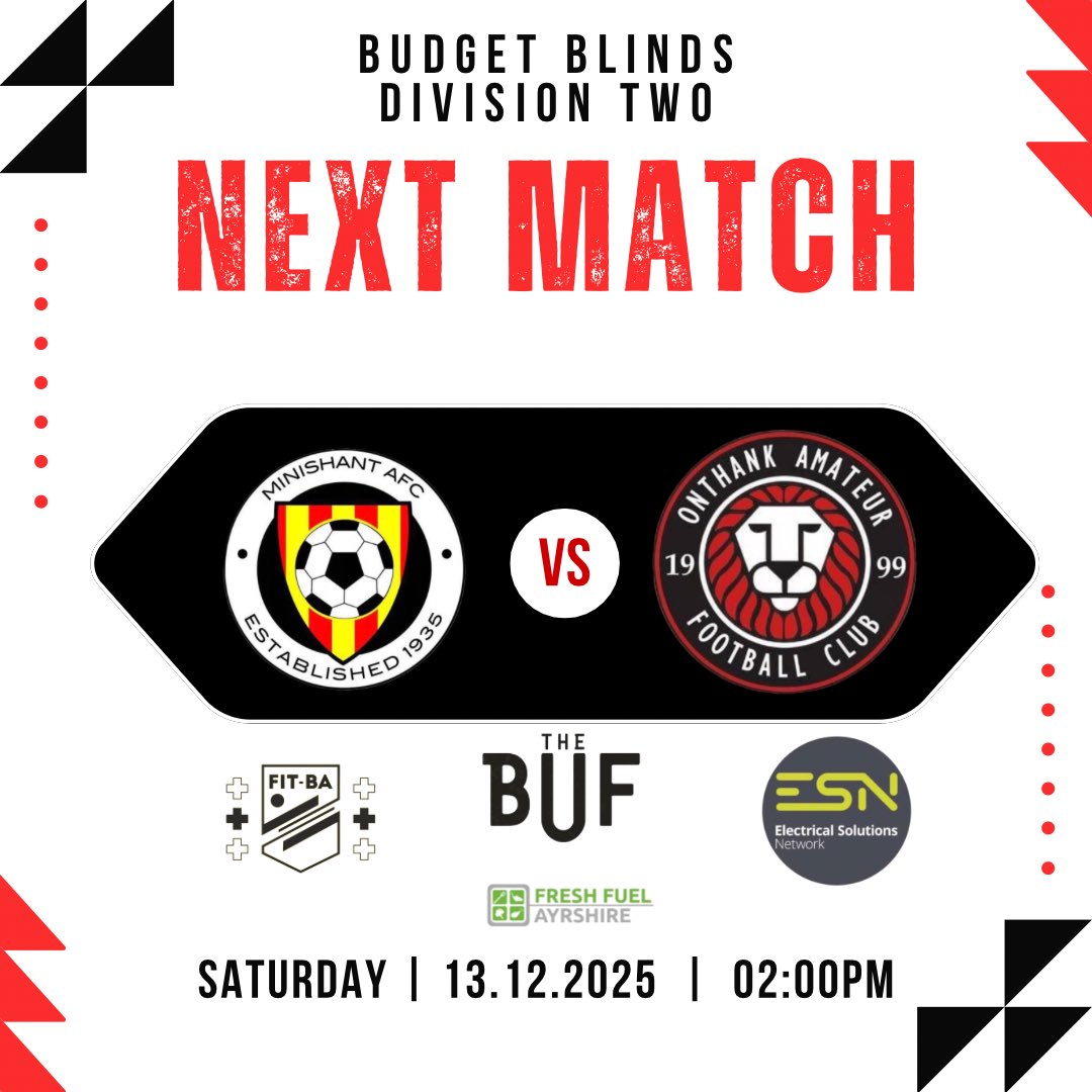 Here we go!🔥⚽ 

The Shant host Onthank AFC this weekend in the what looks to be our last home game of 2025.

🏆Budget Blinds Division Two
🆚Onthank AFC
🗓️Saturday, 13 December 2025
📍Maybole Campus, Maybole, KA19 8FD 
🕑14:00 Kick off 

All support welcome

🔴🟡MTS🔴🟡