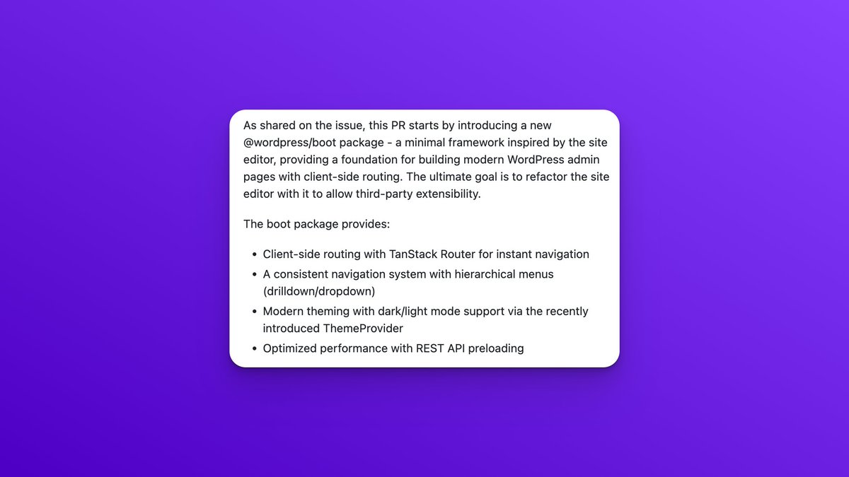 A new package has just been added with the ultimate goal "to refactor the site editor to allow third-party extensibility".  Routing, theming, navigation, menus... pretty cool.