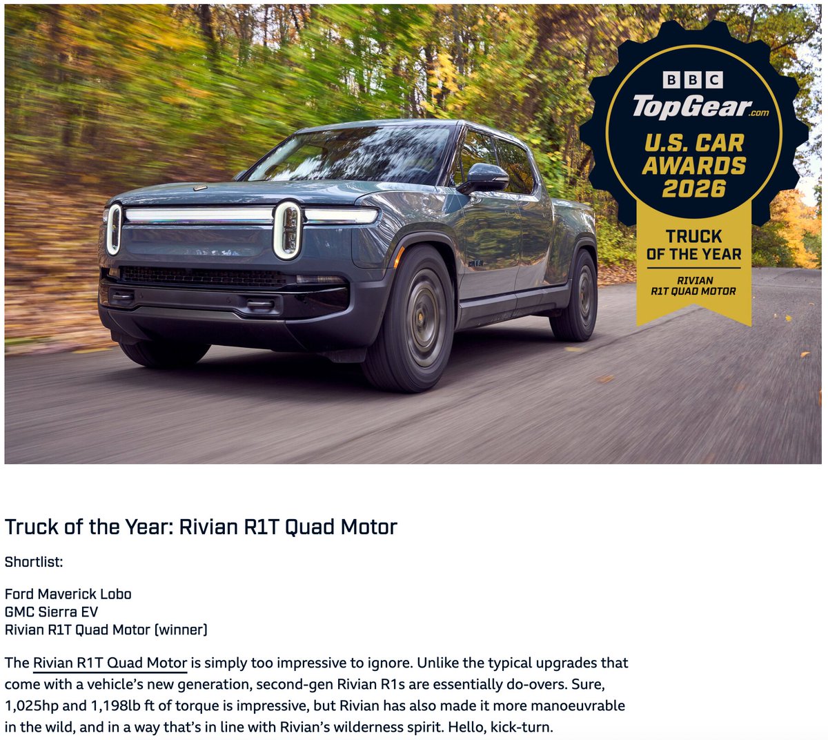 Congrats to <a href="/Rivian/">Rivian</a> for getting <a href="/BBC_TopGear/">Top Gear</a> Truck of the Year.

Well deserved.