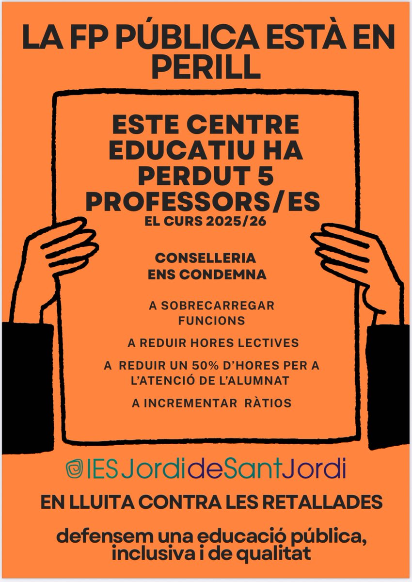 iesjordidsj's tweet photo. El professorat del centre s’organitza per a la jornada de demà per denunciar les retallades en educació
Per una educació pública, inclusiva, de qualitat i en valencià
#FP #retallades #vaga https://t.co/1Qs0VUBWEl