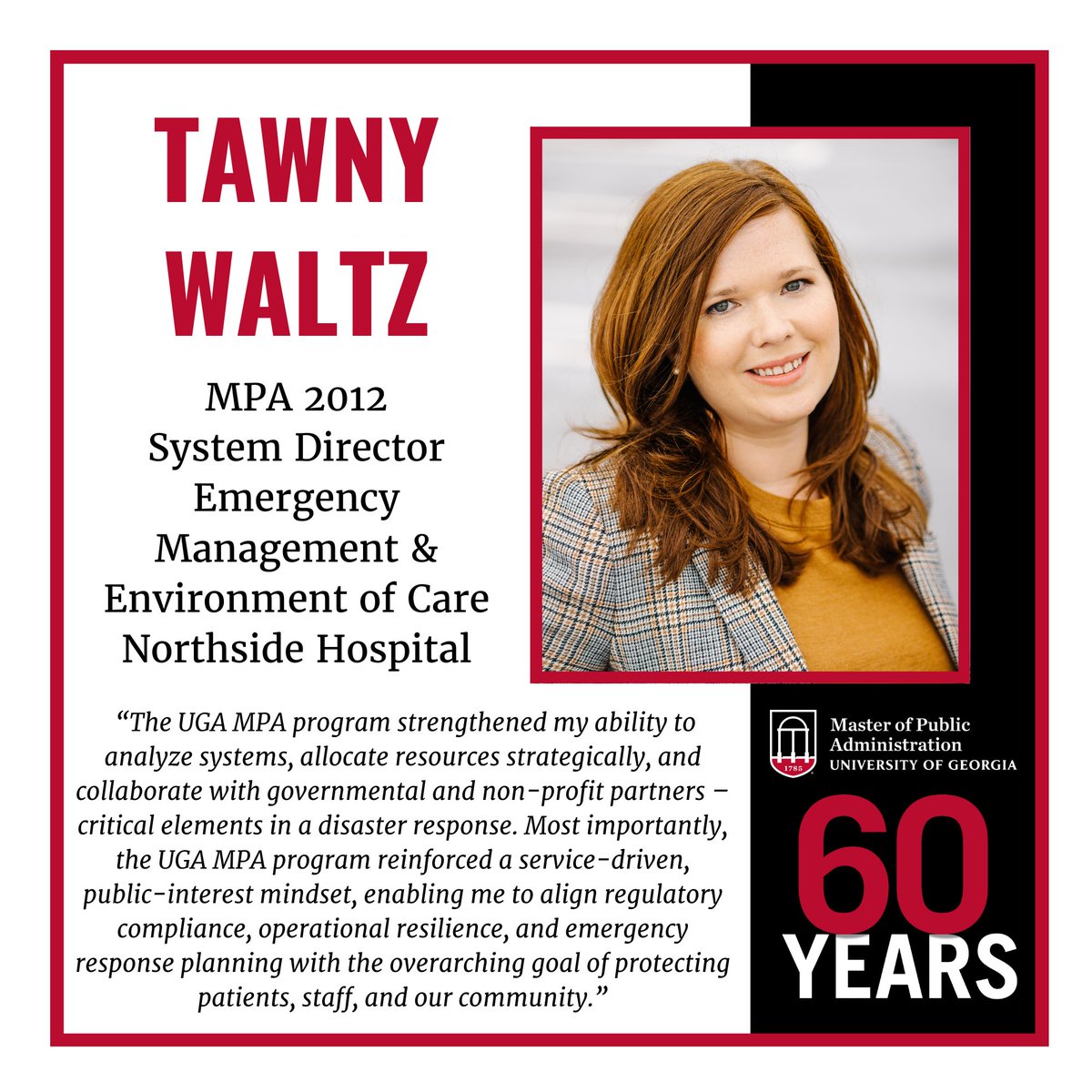ugapadp's tweet photo. Celebrating 60 years of the UGA MPA program with alumni like Tawny Waltz (MPA ’12), whose leadership in emergency management helps keep Northside Hospital ready, resilient, and community-focused.
#UGASPIA #UGAMPA #UGAMPA60 #CommitTo #PublicService https://t.co/9mi3zU4O9J