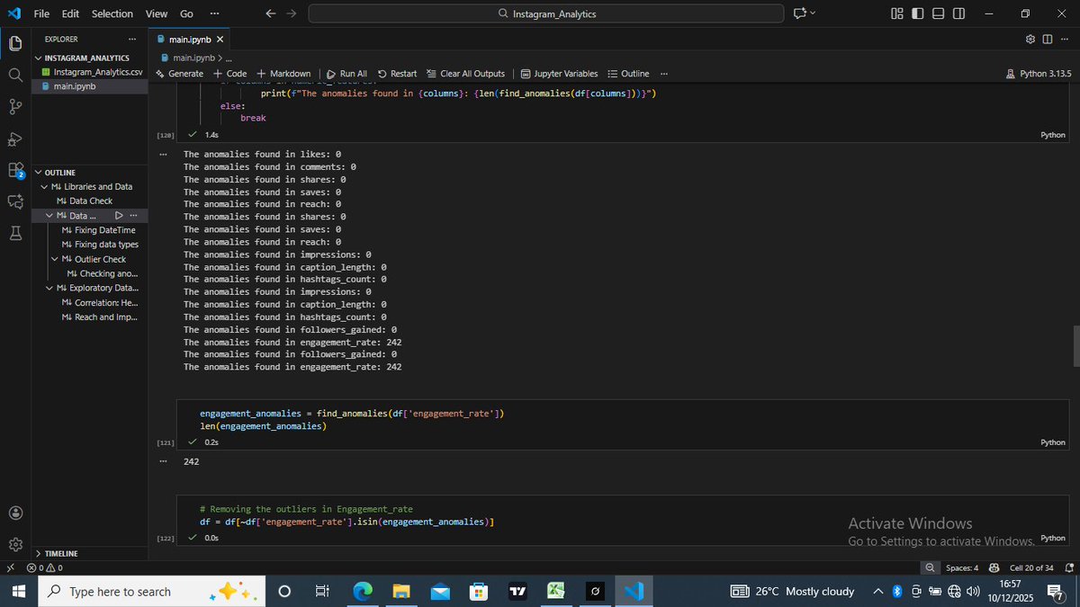 A_I_Jeremiah's tweet photo. Today I focused on cleaning the dataset, handling outliers, fixing datetime issues, and fixing datatype.
The dataset didn't have that much inconsistencies so it was a bit easy yo work with.
Tool: python, Jupyter Notebook.
#Data2insights
#myweeklydatagoal https://t.co/aSRCsyJzSY