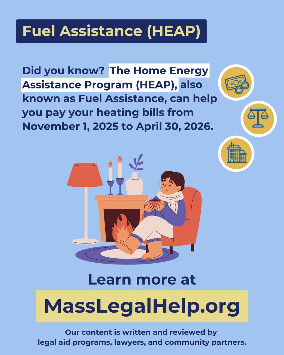 The Home Energy Assistance Program (HEAP) can help you pay your heating bills this winter. HEAP covers heating bills from Nov 1, 2025 to Apr 30, 2026.

Learn more about HEAP and how to apply at MassLegalHelp: masslegalhelp.org/public-benefit…

Article by <a href="/NCLC4consumers/">NCLC</a> and <a href="/MassLawReform/">Massachusetts Law Reform Institute</a>