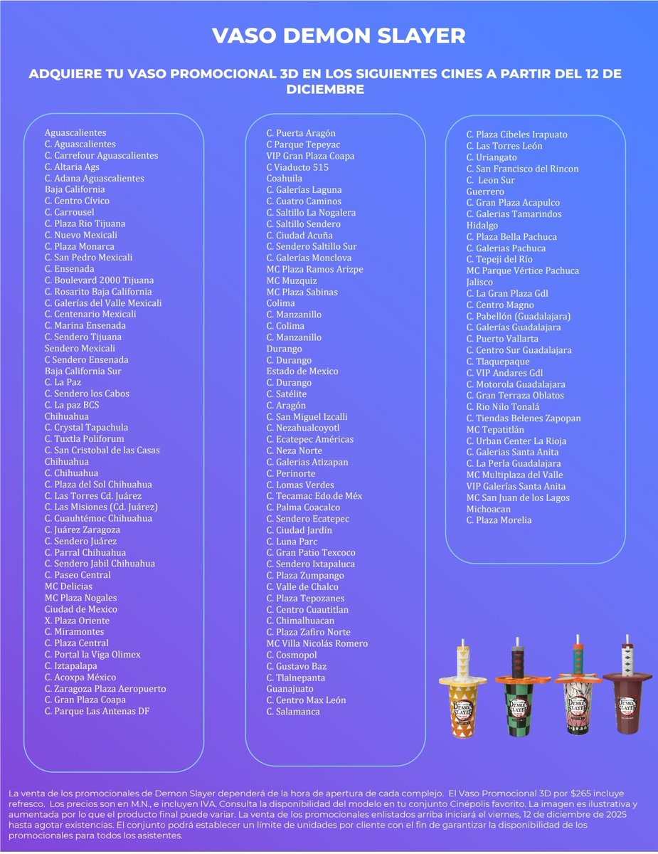 vasosdecineyco1's tweet photo. Esta es la lista de los cinépolis donde se venderan los vasos coleccionables DEMON SLAYER CASTILLO INFINITO https://t.co/sVyPN9Wh41