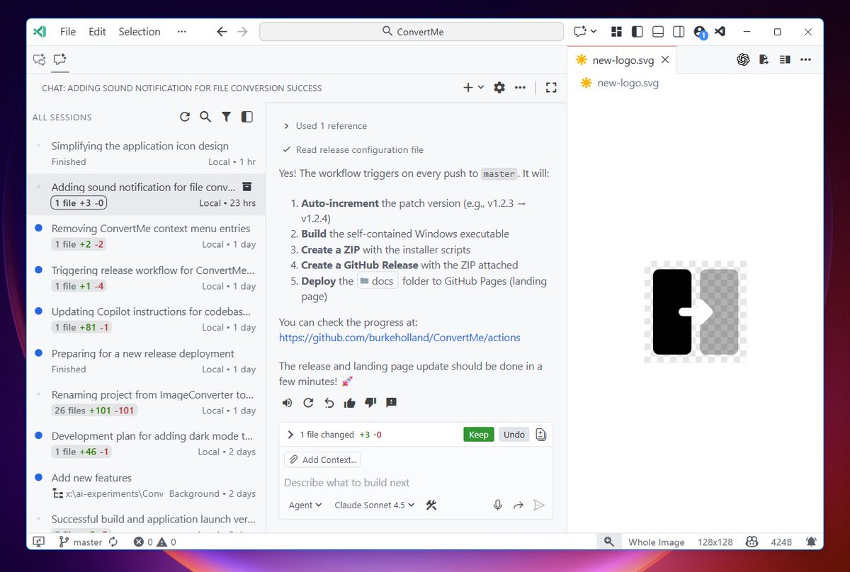 burkeholland's tweet image. This release is huge. It introduces a totally new UI for agent sessions in the chat. It&apos;s much easier to move between your different agent sessions and restore the chats at any time.
