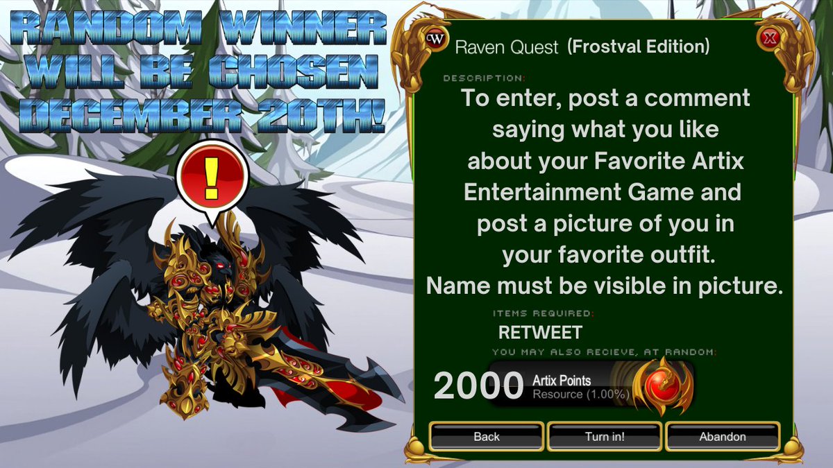 GoldRavenAE's tweet image. Twas the Night before Frostval and down in my nest, not a pigeon was stirring cause they were doing this Quest.
GIVEAWAY Time! 1 Random winner will get 2000 Artix Points. Complete this Quest to enter. (This is for any AE player on any AE game.) 🎁
Following me is NOT required.