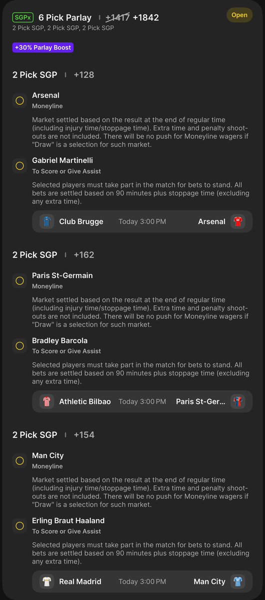 SportsBetWave's tweet photo. 🚨 Champions League ML + G/A Parlay ⚽️ 

#DraftKings #Arsenal #ManCity #PSG https://t.co/ILg9OJw2Gc