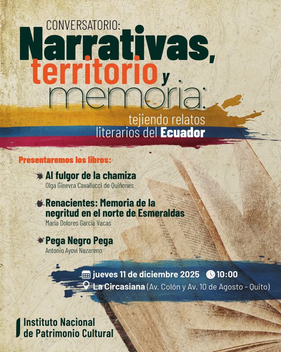 📚✨ Invitados, todas y todos al conversatorio “Narrativas, territorio y memoria: tejiendo relatos literarios del Ecuador”, que reune a voces que aportan profundamente a la construcción identitaria del país.

🗓 Jueves 11 de diciembre de 2025
⏰ 10h00
📍 La Circasiana