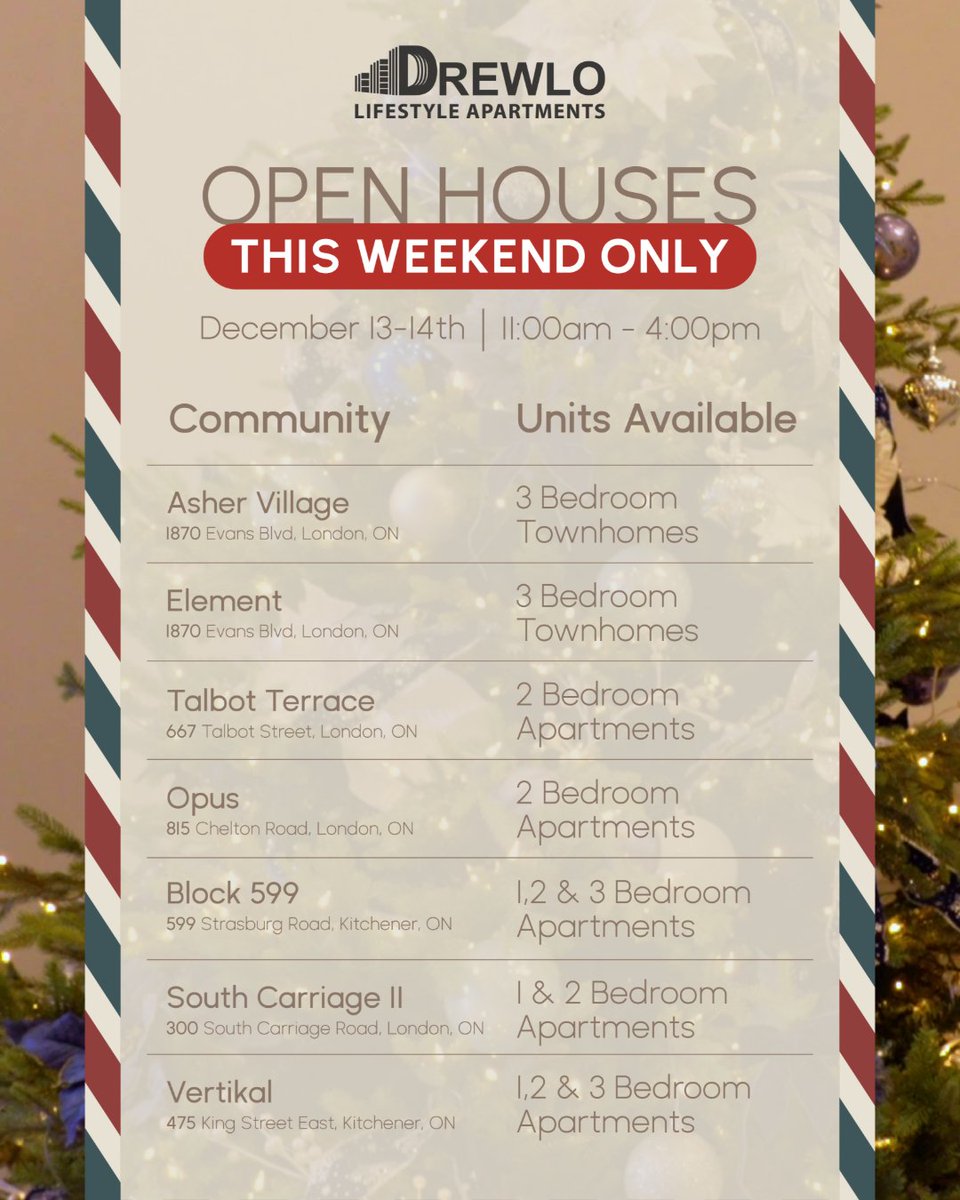 Last Weekend of Open Houses This Year!

This weekend is your final chance to visit our open houses before we pause weekend tours for the rest of the year. 🏡✨

📅 Visit this weekend or schedule a weekday showing!
Drewlo.com

#OpenHouses #Apartmentsforrent