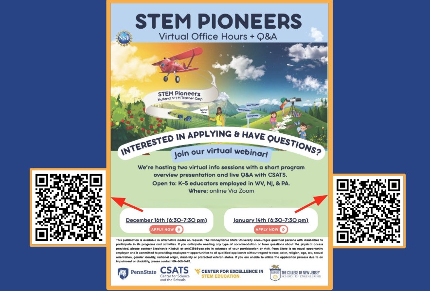 Have questions about STEM Pioneers? bit.ly/4hbol27
Join us for virtual office hours. Register at the QR codes below.