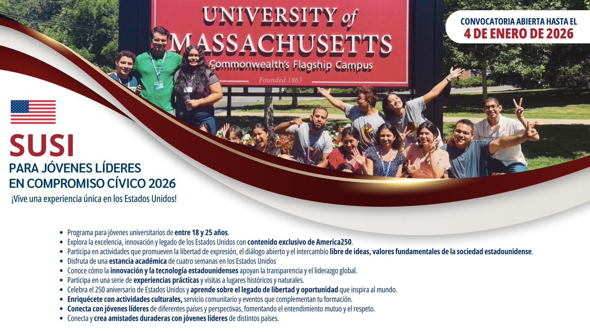 USEmbassyMEX's tweet photo. 🌟 ¿Eres estudiante universitario interesado en el cambio social? El programa SUSI para Líderes Estudiantiles en Compromiso Cívico te lleva a 🇺🇸 para conocer innovación, liderazgo y compromiso cívico. 

¡Aprende, lidera y haz la diferencia! 
 Postula aquí 👉https://t.co/IQYY9naN7G