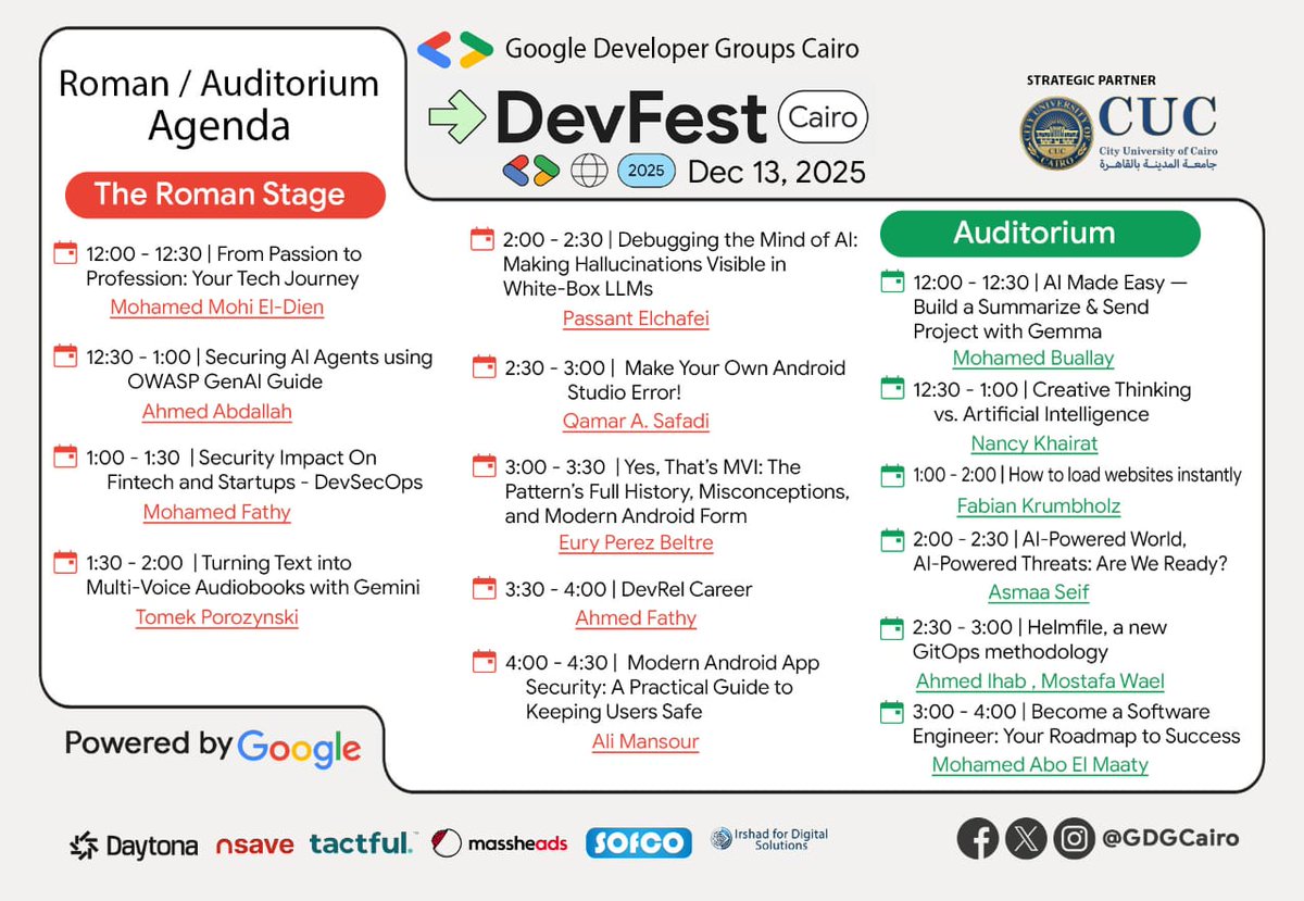GDGCairo's tweet photo. Hi There 👋
Our Agenda is finally here 🥳
Mark your calendar and join us for an electrifying experience!
📢 FIRST COME FIRST SERVE 📢
📍 Location: City University of Cairo (CUC)
Maps: https://t.co/V2v2EOqeE9
📅 13 December 2025
#DevFestCairo #GDGCairo #DevFest2025 https://t.co/SNwPoHrizW