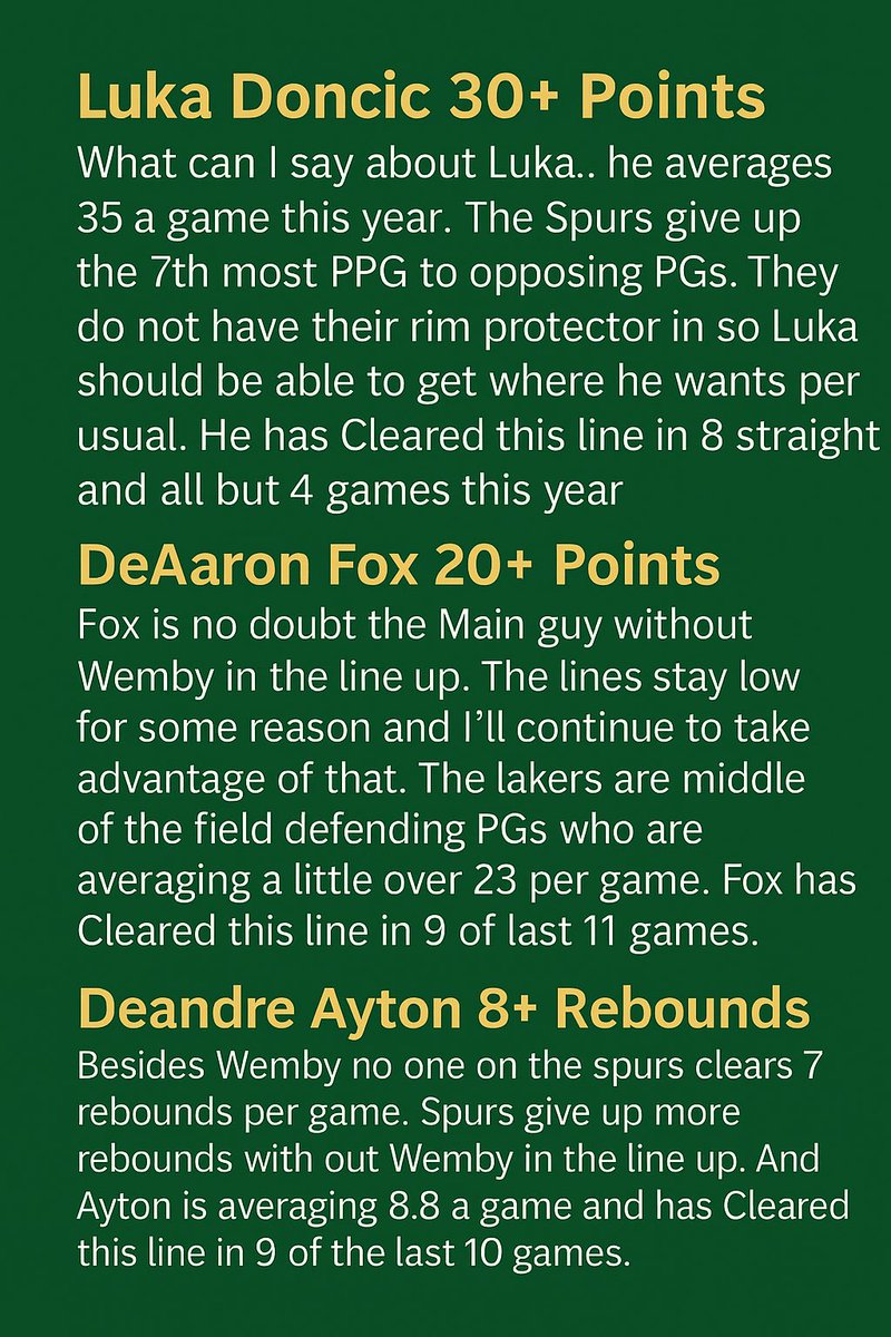 betteranalysis2's tweet photo. NBA CUP semis Same Game Parlay
I’m using my FanDuel 50% SGP Profit Boost +198 —> +297

Luka Doncic 30+ Points 
De’Aaron Fox 20+ Points
Deandre Ayton 8+ Rebounds

Analysis posted below. Show some love with a like and a Follow if you find the research helpful and want to see more. https://t.co/kj3L8pCThU