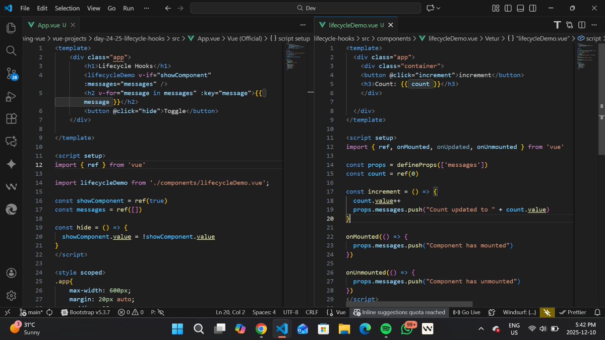 makima_dev1's tweet image. Day 24 ✅

Learned Vue lifecycle hooks today!
Built a demo showing when components mount, update, and unmount.

Watching the lifecycle in real-time? That&apos;s clicking 🔄
#VueJS #100DaysOfCode #LearnInPublic