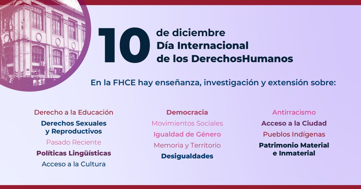 🤝 En el Día Internacional de los Derechos Humanos, presentamos algunos apuntes que refieren a las líneas de enseñanza, investigación y extensión, que la FHCE lleva adelante en la materia.

🔎 Más detalles: fhce.edu.uy/10-de-diciembr…