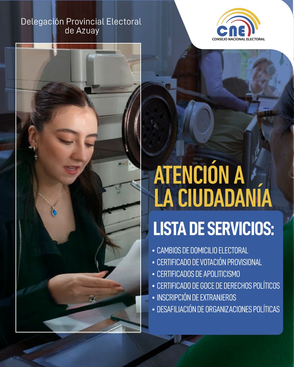 #ServiciosElectoralesEc🟦🤝 Estamos comprometidos con brindarte una atención ágil y segura 📋 realiza los servicios:

🔹 Cambios de domicilio 
🔹 Certificado de votación provisional
🔹 Certificados de apoliticismo
🔹 Desafiliación de organizaciones políticas