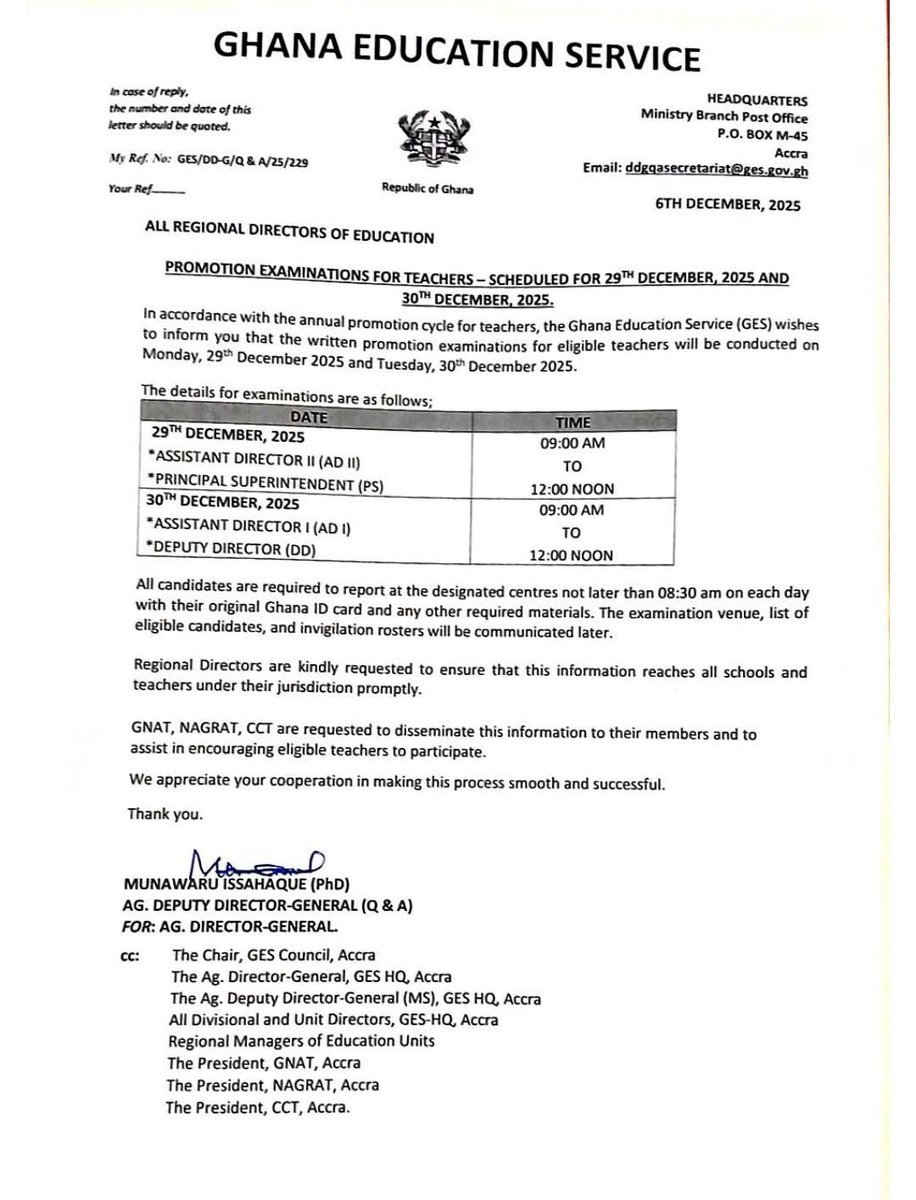 The Ghana Education Service has announced the Dates for Teacher Promotion Exams, 2025.

#HarunaEffect